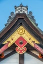 Gegyo (Gable pendant), Kazari Kanagu (Metal ornaments) japanese roof ridge detail of Honden (Main Hall) of Yasaka Shinto Shrine.