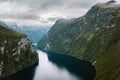 Geiranger fjord aerial view in Norway mountains and waterfall landscape Travel beautiful destinations norwegian nature Royalty Free Stock Photo