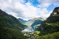 Beautiful aerial landscape view Geiranger village, harbor and fjord in More og Romsdal county in Norway