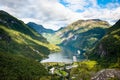 Beautiful aerial landscape view Geiranger village, harbor and fjord in More og Romsdal county in Norway