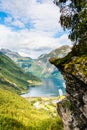 Beautiful aerial landscape view Geiranger village, harbor and fjord in More og Romsdal county in Norway