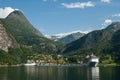 Geiranger fjord with cruise ship, view from the fjord, Norway Royalty Free Stock Photo