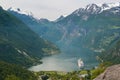 Geiranger fjord with cruise ship and waterfall, Norway Royalty Free Stock Photo