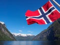 Geiranger fjord with flag of Norway Royalty Free Stock Photo