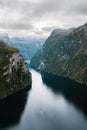 Geiranger fjord landscape in Norway mountains and waterfall scenery aerial view Travel beautiful destinations norwegian nature Royalty Free Stock Photo