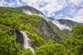 Geiranger fjord. magnificent waterfall at sunset in Norway