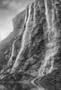 Geiranger fjord. magnificent waterfall at sunset in Norway