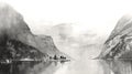 Geiranger Fjord Norway illustration in black and white pencil sketch - made with Generative AI tools