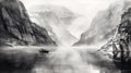 Geiranger Fjord Norway illustration in black and white pencil sketch - made with Generative AI tools