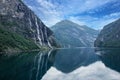 Geiranger fjord, Norway: landscape with mountains and waterfalls Seven Sisters.. Royalty Free Stock Photo