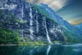 Geiranger fjord, Norway: landscape with mountains and waterfalls Royalty Free Stock Photo