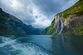 Geiranger fjord. Seven Sisters Waterfall Royalty Free Stock Photo