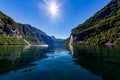 Geiranger fjord, waterfall Seven Sisters. Beautiful Nature Norway natural landscape