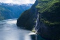 Summer landscape with fjord and waterfall, Norway Royalty Free Stock Photo