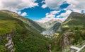 Geirangerfjord, Norway. Aerial View Of Geiranger In Geirangerfjorden In Summer Day. Famous Norwegian Landmark And