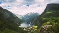 Geirangerfjord, Norway. Touristic Ship Ferry Boat Cruise Ship Liner Floating Near Geiranger In Geirangerfjorden In