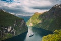 Geirangerfjord, Norway. Touristic Ship Ferry Boat Cruise Ship Liner Floating Near Geiranger In Geirangerfjorden In