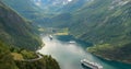 Geirangerfjord, Norway. Touristic Ship Ferry Boat Cruise Ship Liner Floating Near Geiranger In Geirangerfjorden In Sunny