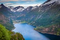 Geirangerfjord and village in More og Romsdal, Norway, Northern Europe Royalty Free Stock Photo