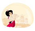 Geisha and abstract Asian Landscape Royalty Free Stock Photo