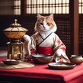 The geisha cat gracefully entertains guests with her mesmerizing Japanese dance, enchanting singing