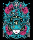 Geisha cyberpunk head with cyberpunk theme with sacred geometry and floral background for poster and tshirt