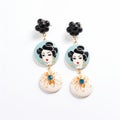 Geisha Earrings Black And White Ceramic Flower With Rhinestones