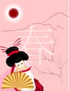 Geisha with a fan on spring background
