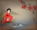 Geisha feeding Koi Royalty Free Stock Photo