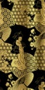 Geisha girl fan umbrella kimono circles japanese chinese vector design pattern black gold Royalty Free Stock Photo