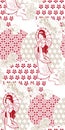 Geisha girl fan umbrella kimono circles japanese chinese vector design pattern blue red Royalty Free Stock Photo