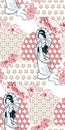 Geisha girl fan umbrella kimono circles japanese chinese vector design pattern blue red Royalty Free Stock Photo