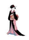 Geisha girl with flower. Beautiful japanese women in national dress.
