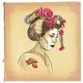 Geisha - An hand drawn vector sketch, freehand, colored line art