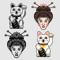 Geisha Head And Maneki Neko Lucky Cat Japanese Cartoon Characters Set Of Vector Objects In Two Styles Colored And Black