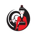 Geisha holding sushi with chopstiks isolated on white. Vector logo template of japanise reastaurant.