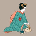 Geisha Japan classical Japanese woman ancient style of drawing. Geisha makes a tea