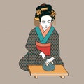 Geisha Japan classical Japanese woman ancient style of drawing. Geisha makes a tea