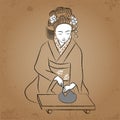 Geisha Japan classical Japanese woman ancient style of drawing. Geisha makes a tea