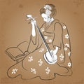 Geisha Japan classical Japanese woman ancient style of drawing. Playing geisha