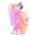Geisha Japan classical Japanese woman waterclolr style of drawing. Dancing Japanese girl