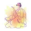 Geisha Japan classical Japanese woman watercolor style of drawing. Playing japanese girl