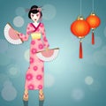 Geisha with kimono and Chinese lanterns