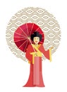 Geisha in Kimono with Umbrella Vector Illustration