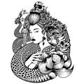 Geisha Naga Lotus black skull asia thailand Royalty Free Stock Photo