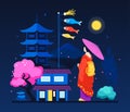 Geisha on the night street - modern colored vector illustration Royalty Free Stock Photo