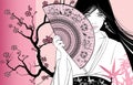 Geisha on a pink floral background