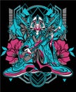 Geisha robot with cyberpunk theme with sacred geometry background