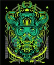 Geisha robot with cyberpunk theme with sacred geometry background for poster and tshirt design