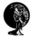 Geisha among sakura blossom black vector design